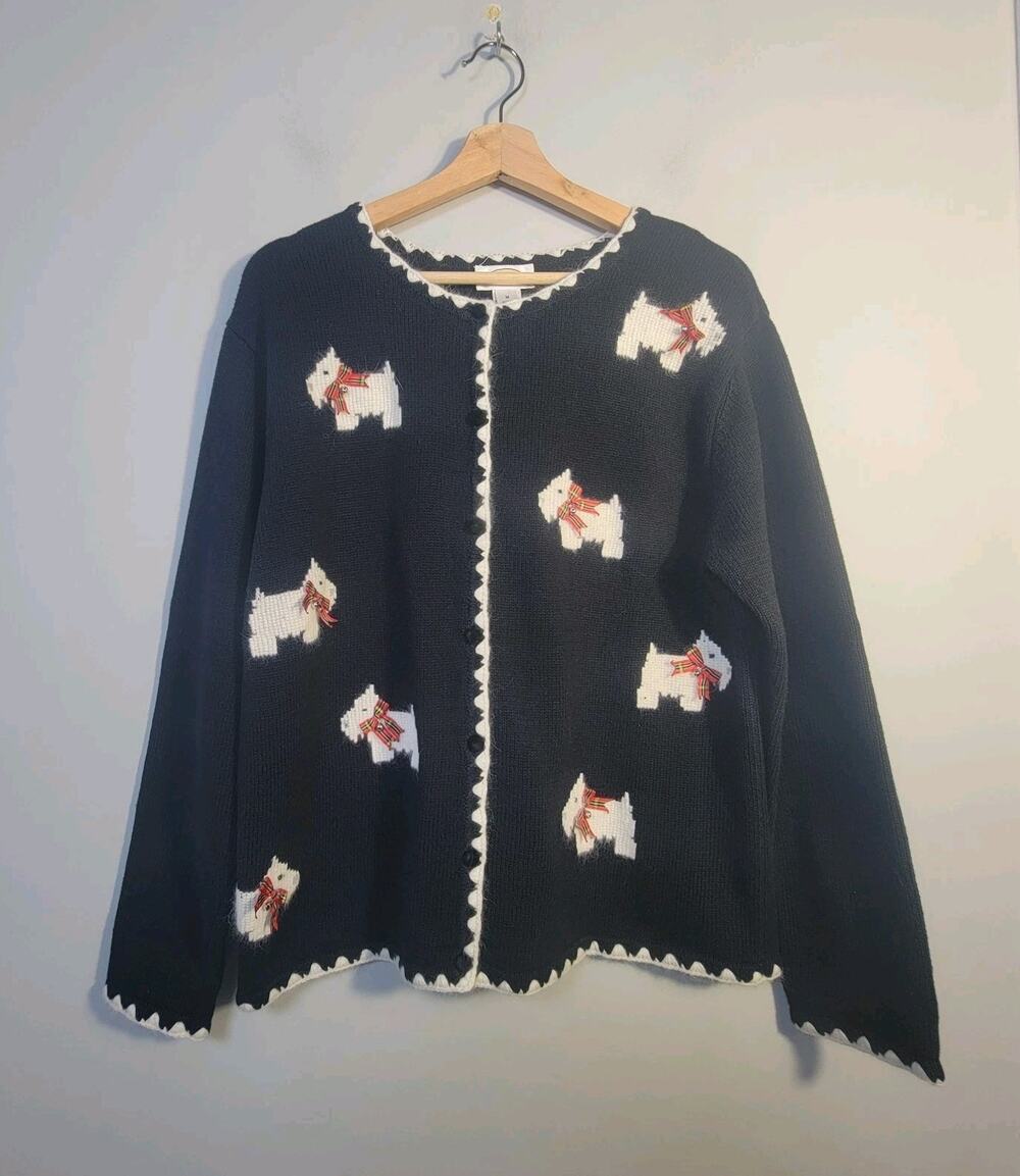 Vintage Talbots M Scottish Terrier Plaid Bow Bell Sweater Cardigan Holiday Black